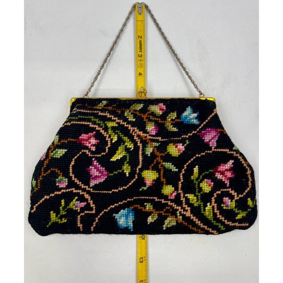 VTG 1960s Crewel Handbag/Purse/Needlepoint/X-Stitch/Embroidered Black w-Flowers - Picture 9 of 9